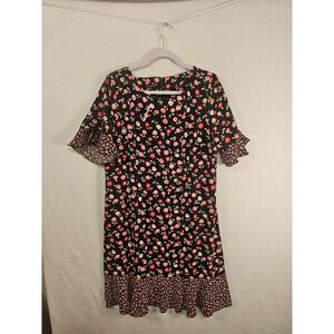 Talbots Women's Black Floral Print Dress Size 14 Ruffle Sleeve Career Party